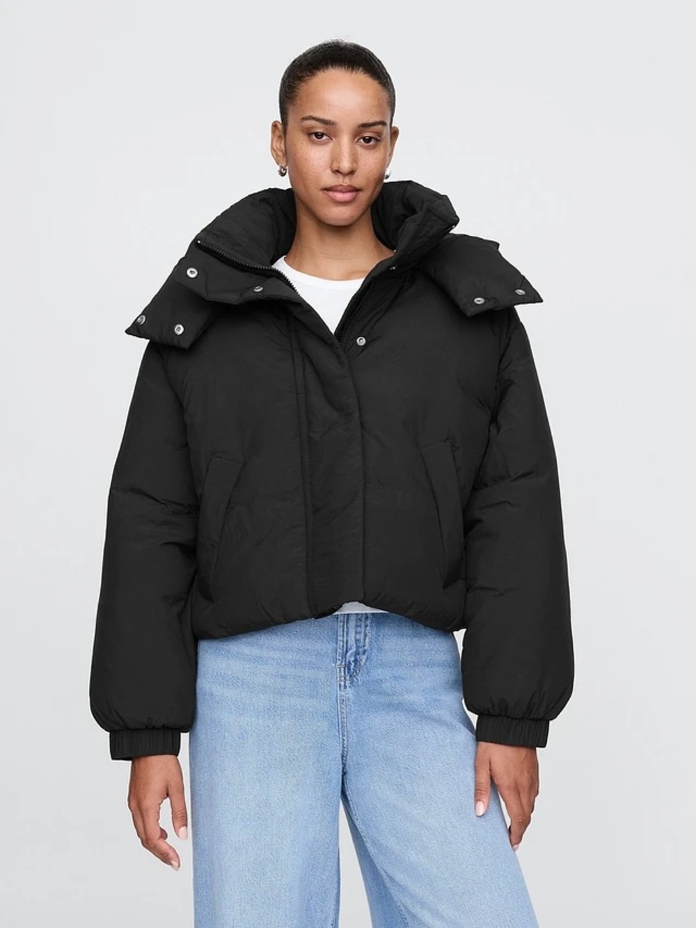 GAP Cropped Duvet Wrap Puffer Jacket Black Hooded PrimaLoft